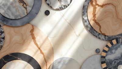 The primary subject of the image is a marble tile floor with a pattern of circles. The setting is a room with a white wall, and the visual style is a photo. The dominant colors are white and beige, creating a clean and elegant atmosphere.