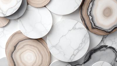 The primary subject of the image is a collection of white marble plates. These plates are arranged in a visually appealing manner, creating an artistic display. The setting is a white background, which provides a clean and minimalist look to the scene. The visual style is a combination of photo and digital art, as the plates appear to be photographed and then digitally manipulated to create a cohesive and aesthetically pleasing arrangement. The colors and mood of the image are predominantly white,