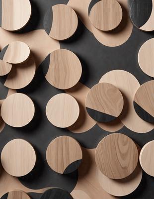 The primary subject of the image is a large collection of wooden circles arranged in a visually appealing pattern. The setting is a black background, which contrasts with the wooden circles, making them stand out. The visual style is a combination of a photo and digital art, as the circles are arranged in a way that resembles a painting or a digital design. The colors and mood of the image are predominantly black and white, giving it a modern and minimalist appearance.