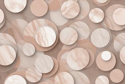 The primary subject of the image is a collection of round, white, and brown marble circles. These circles are arranged in various patterns and are placed on a wooden surface. The setting appears to be a room with a wooden floor, and the visual style is a combination of photo and digital art. The dominant colors in the image are white, brown, and shades of brown, creating a warm and natural atmosphere.