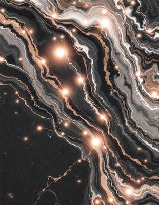 The primary subject of the image is a close-up of a marble surface with a pattern of bright lights. The setting is a dark background, which contrasts with the bright lights. The visual style is a combination of a photo and digital art, creating a unique and intriguing pattern. The colors and mood are predominantly dark, with the bright lights adding a sense of energy and dynamism to the scene.