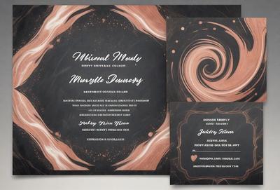 The primary subject of the image is a pair of invitations, one of which is a menu card. The invitations are designed with a black and white color scheme, featuring a swirl pattern. The setting is a dining table, and the visual style is a combination of digital art and illustration. The overall atmosphere is elegant and sophisticated, with a touch of vintage charm.