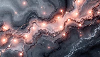 The primary subject of the image is a pattern of bright lights, which are scattered across a dark background. The setting appears to be a black and white photo, creating a contrast between the bright lights and the dark background. The visual style suggests that the image is a digital art or illustration, with the lights and background being created through digital means. The colors and mood of the image are predominantly dark and moody, with the bright lights providing a contrasting element of light and energy.