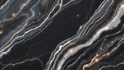 The primary subject of the image is a marble countertop with a pattern of light and dark streaks. The setting is a dark room, and the visual style appears to be a photo. The countertop has a black and white color scheme, giving it a classic and elegant appearance.