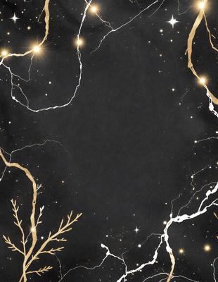The primary subject of the image is a black background with gold stars and lightning bolts. The setting is a night sky, and the visual style is a combination of digital art and illustration. The dominant colors are black, gold, and white, creating a dramatic and captivating atmosphere.