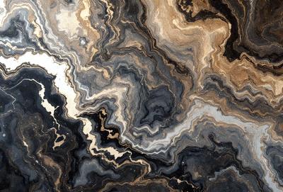 The primary subject of the image is a close-up of a marble stone with a unique and intricate pattern. The setting is a natural environment, possibly a rock formation or a stone wall. The visual style is a close-up of the marble stone, showcasing its texture and details. The colors and mood of the image are predominantly dark, with the marble stone being the main focus.