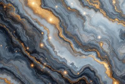 The primary subject of the image is a close-up of a blue and gold marbled stone. The setting is a dark background, which contrasts with the bright colors of the marbled stone. The visual style appears to be a digital art or illustration, as the colors and patterns are intricately detailed. The dominant colors are blue and gold, creating a luxurious and elegant atmosphere.