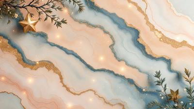 The primary subject of the image is a marble wall with a gold and blue pattern. The setting is a room with a tree in the background. The visual style is a combination of photo and digital art, creating a unique and artistic representation of the marble wall. The dominant colors are gold, blue, and white, giving the scene a luxurious and elegant atmosphere.