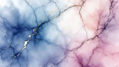 The primary subject of the image is a painting of a blue and purple background with a gold line. The setting is a marbled surface, and the visual style appears to be a digital art or illustration. The dominant colors in the painting are blue, purple, and gold, creating a serene and calming atmosphere.