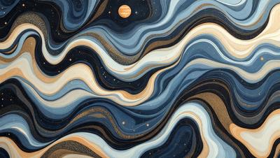 The primary subject of the image is a blue and gold swirling pattern, which appears to be a painting or a digital artwork. The setting is a night sky, with a moon visible in the background. The visual style is a combination of painting and digital art, creating a unique and captivating atmosphere. The dominant colors are blue and gold, with the blue providing a sense of calmness and the gold adding a touch of warmth and richness to the scene.