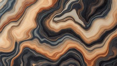 The primary subject of the image is a close-up of a wooden table with a marbled pattern. The setting is indoors, and the visual style appears to be a combination of a photo and a drawing. The colors and mood of the image are predominantly dark, with a sense of depth and intricacy in the marbled pattern.