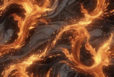 The primary subject of the image is a fire, which is the main object, scene, or focus of the image. The fire is surrounded by a black and white background, creating a striking contrast. The visual style of the image is a digital art or illustration, as it appears to be a pattern or texture created by the fire. The dominant colors in the image are orange and black, giving the fire a warm and intense appearance.