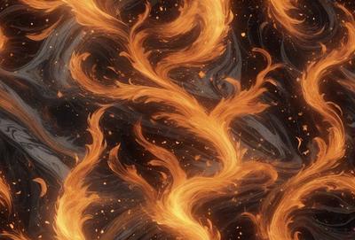 The primary subject of the image is a fire, with flames and orange hues dominating the scene. The setting is a black background, which contrasts with the fire's vibrant colors. The visual style appears to be a digital art or illustration, as the fire's movement and the overall composition suggest a creative and artistic approach. The colors and mood of the image are intense and dramatic, with the fire's warmth and energy creating a captivating and visually striking scene.