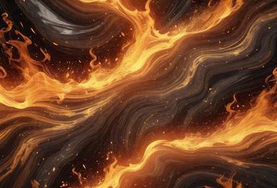 The primary subject of the image is a fire, with flames and orange hues dominating the scene. The setting is a black background, which contrasts with the fire's vibrant colors. The visual style is a digital art or illustration, as the fire appears to be a part of a larger, intricate design. The colors and mood of the image are intense and dramatic, with the fire creating a sense of warmth and energy.