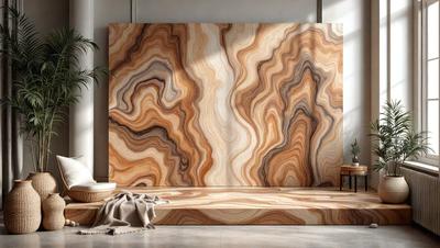 The primary subject of the image is a large, decorative stone wall. The setting is a room with a wooden floor, and the visual style is a photo. The colors and mood of the image are predominantly earthy tones, giving it a natural and warm atmosphere.