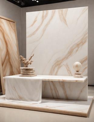 The primary subject of the image is a marble table with a white tablecloth. The table is placed in front of a wall with a marble texture. The setting appears to be a room with a wooden frame, and the visual style is a photo. The colors and mood of the image are predominantly white and neutral, giving it a clean and elegant appearance.