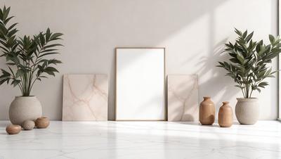 The primary subject of the image is a white picture frame, which is placed on a table. The setting is a room with a white wall, and the visual style is a photo. The colors in the image are predominantly white, giving it a clean and minimalist appearance.