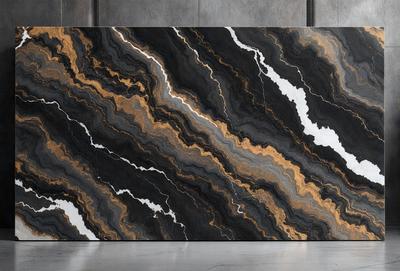 The primary subject of the image is a large, black and gold marble slab. The setting is a room with a grey background, and the visual style appears to be a photo of the marble slab. The colors and mood of the image are dominated by the contrasting black and gold colors of the marble, creating a luxurious and elegant atmosphere.