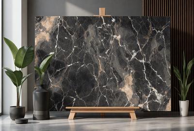 The primary subject of the image is a large, black marble slab. The setting is a room with a wooden frame surrounding the marble slab, which is placed on a wooden stand. The visual style is a close-up of the marble slab, showcasing its texture and beauty. The colors and mood of the image are predominantly black, giving it a sleek and sophisticated appearance.