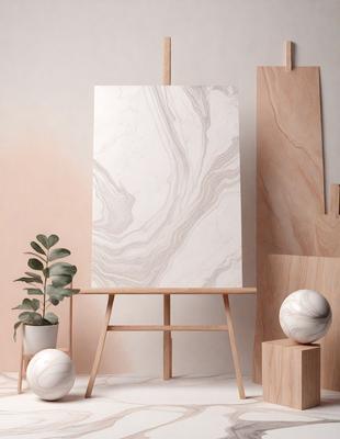 The primary subject of the image is a painting, which is displayed on a wooden frame. The painting features a marble texture, giving it a unique and elegant appearance. The setting is a room with a potted plant nearby, adding a touch of nature to the scene. The visual style of the image is a painting, showcasing the artist's skill and attention to detail. The colors and mood of the painting are predominantly neutral, with a focus on the marble texture and the overall composition of the artwork.