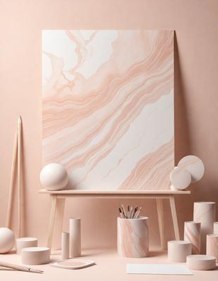 The primary subject of the image is a painting of a marble wall, which is displayed on a wall. The setting is a room with a table and a chair, and there are several vases and balls placed around the room. The visual style is a painting, and the colors and mood are predominantly neutral and calming.