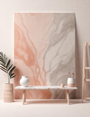 The primary subject of the image is a table with a vase and a bowl on it. The table is placed in front of a wall with a painting on it. The setting appears to be a room with a potted plant nearby. The visual style of the image is a photo, and the colors and mood are predominantly neutral, with the painting adding a touch of color and artistic expression to the space.