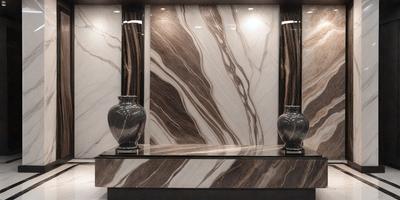 The primary subject of the image is a marble countertop with two large vases placed on it. The setting is a room with a marble wall, which adds to the luxurious and elegant atmosphere. The visual style is a realistic representation of the countertop and vases, showcasing the natural beauty of the marble material. The colors and mood of the image are predominantly neutral, with the marble providing a warm and sophisticated tone.