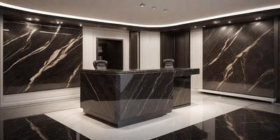 The image features a large, modern office space with a black marble desk. The desk is equipped with two chairs, one on each side, and a computer setup. The room is well-lit, and the marble desk and chairs give the space a sophisticated and elegant appearance. The overall atmosphere of the room is professional and inviting.