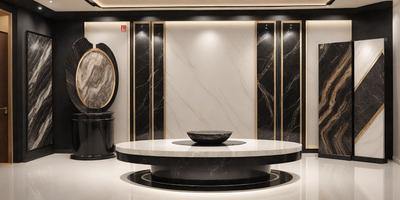 The primary subject of the image is a large black bowl placed on a round table. The table is located in a room with a white marble wall, which adds a sense of elegance to the scene. The visual style of the image is a photo, capturing the details of the bowl and the table. The colors and mood of the image are predominantly black and white, giving it a classic and sophisticated appearance.
