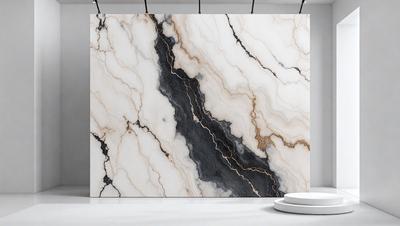 The primary subject of the image is a large marble wall with a black and white pattern. The setting is a room with a white countertop. The visual style is a photo of the marble wall. The dominant colors are black and white, creating a classic and elegant atmosphere.