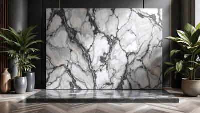 The primary subject of the image is a large, marble-like wall with a patterned texture. The setting is a room with a black countertop, and the visual style appears to be a combination of a photo and digital art. The colors and mood of the image are predominantly black and white, giving it a modern and sophisticated appearance.