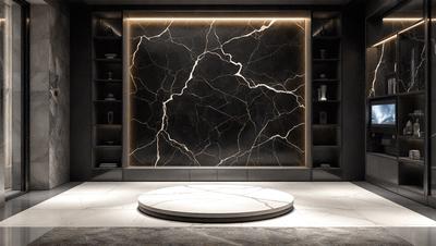 The primary subject of the image is a large, marble-like wall with a patterned texture. The setting is a room with a bookshelf in the background. The visual style appears to be a combination of a photo and digital art, creating a unique and intriguing appearance. The colors and mood of the image are predominantly dark, with the marble wall and bookshelf adding a sense of sophistication and elegance to the space.