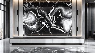 The primary subject of the image is a large black and white marble wall. The setting is a room with a bench in front of the wall. The visual style is a photo, and the colors and mood are predominantly black and white, giving the scene a classic and elegant appearance.