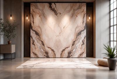 The primary subject of the image is a large, heart-shaped piece of marble, which is the main object, scene, or focus of the image. The setting is a room with a marble wall, and the visual style is a photo. The colors and mood of the image are predominantly neutral, with the marble providing a natural and elegant backdrop.