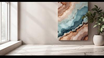 The primary subject of the image is a large, colorful painting of a waterfall. The painting is displayed on a wall, and it appears to be a digital art piece. The setting is a room with a white wall, and the visual style is modern and vibrant. The dominant colors in the painting are blue, green, and brown, creating a serene and natural atmosphere.