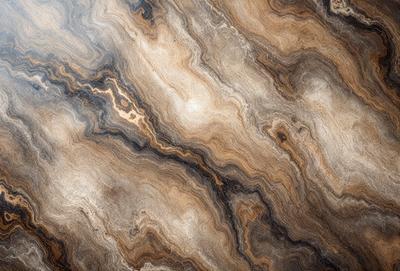 The primary subject of the image is a close-up of a marble countertop with a unique and intricate pattern. The setting is a kitchen or a similar environment, as the countertop is a prominent feature in the scene. The visual style is a close-up of the marble countertop, showcasing its texture and pattern. The colors and mood of the image are predominantly earthy tones, giving it a natural and elegant appearance.