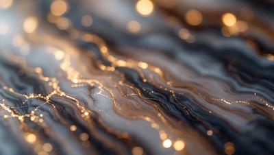 The primary subject of the image is a close-up of a marble surface with a pattern of light and dark streaks. The setting is a dark room, and the visual style appears to be a combination of a photo and digital art. The colors and mood of the image are predominantly dark, with the light streaks adding a touch of brightness to the overall atmosphere.