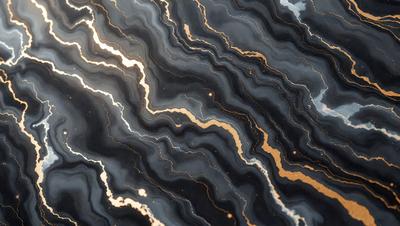 The primary subject of the image is a close-up of a marble surface with gold streaks. The setting is a black and gold marble countertop, and the visual style is a close-up of the marble. The colors and mood of the image are predominantly black and gold, creating a luxurious and elegant atmosphere.