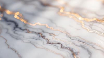 The primary subject of the image is a close-up of a marble countertop. The setting is a kitchen or a similar environment, as the countertop is the main focus of the scene. The visual style is a combination of a photo and digital art, creating a unique and intricate pattern on the marble surface. The colors and mood of the image are predominantly neutral, with a touch of gold, giving it a sophisticated and elegant appearance.
