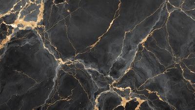 The primary subject of the image is a black marble countertop with gold veins running through it. The setting is a kitchen, and the visual style is a close-up of the marble countertop. The colors and mood of the image are predominantly black and gold, giving it a luxurious and elegant appearance.