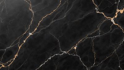 The primary subject of the image is a black marble countertop with gold veins. The setting is a kitchen, and the visual style is a close-up of the marble countertop. The dominant colors are black and gold, creating a luxurious and elegant atmosphere.