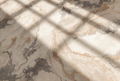 The primary subject of the image is a marble floor with a patterned design. The setting is a room with a window, and the visual style is a photo. The colors and mood of the image are predominantly neutral, with a focus on the natural beauty of the marble floor.