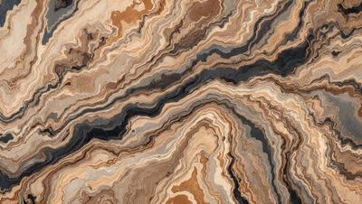 The primary subject of the image is a close-up of a marble-like stone with a brown and black color scheme. The setting is a natural environment, possibly a rock formation or a stone wall. The visual style is a close-up of the stone, showcasing its texture and patterns. The colors and mood of the image are earthy and natural, with a sense of depth and intricacy in the stone's design.