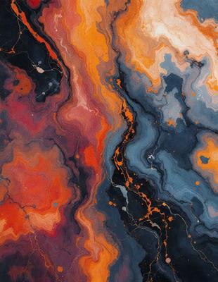 The primary subject of the image is a painting featuring a vibrant orange and blue color scheme. The setting is a canvas, and the visual style is a combination of digital art and illustration. The dominant colors and overall atmosphere are energetic and lively, with the orange and blue hues creating a sense of movement and dynamism.