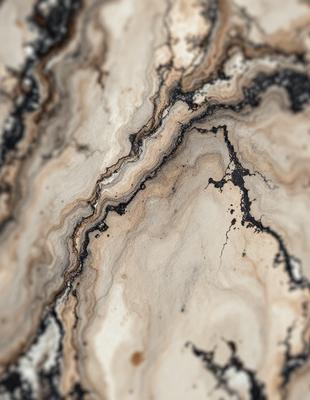 The primary subject of the image is a marble surface with a patterned texture. The setting is a close-up of the marble, showcasing its intricate design. The visual style is a realistic representation of the marble, capturing its natural beauty. The colors and mood of the image are predominantly neutral, with the marble's natural hues and patterns creating a sense of elegance and sophistication.