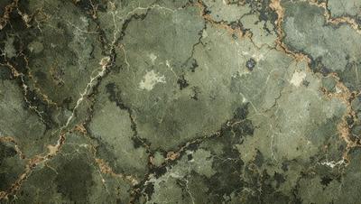 The primary subject of the image is a close-up of a marble surface with a pattern of holes and grooves. The setting is a stone wall, and the visual style appears to be a photo. The dominant colors are green and brown, creating a natural and earthy atmosphere.