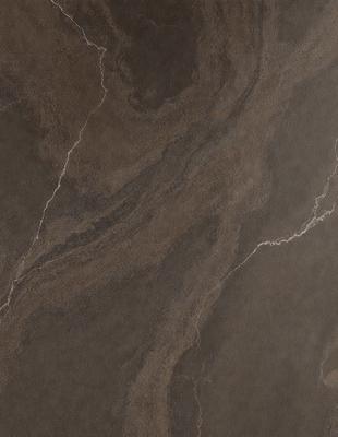 The primary subject of the image is a marble countertop with a unique pattern. The setting is a kitchen, and the visual style is a close-up of the countertop. The colors and mood of the image are predominantly brown, giving it a warm and natural appearance.