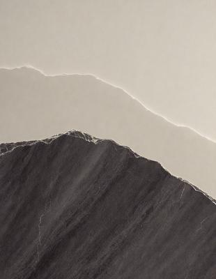 The primary subject of the image is a mountain, with a large rocky cliff visible. The setting is a mountainous landscape, and the visual style is a combination of photo and digital art. The dominant colors are grays and browns, creating a moody atmosphere.