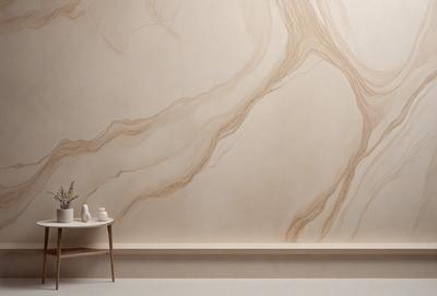 The primary subject of the image is a wall with a tree-like pattern painted on it. The setting is a room with a table and a chair placed in front of the wall. The visual style appears to be a combination of a photo and a drawing, creating a unique and artistic appearance. The colors and mood of the image are predominantly earthy tones, giving it a natural and calming atmosphere.