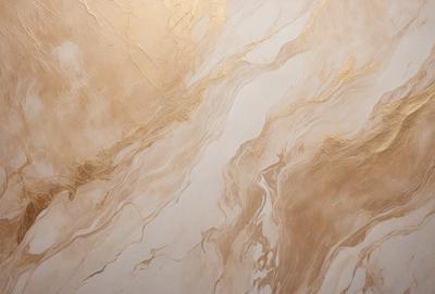 The primary subject of the image is a marble wall with a gold-colored design. The setting is a room with a marble floor, and the visual style is a close-up of the marble wall. The colors and mood of the image are warm and elegant, with the gold and brown tones creating a luxurious and sophisticated atmosphere.